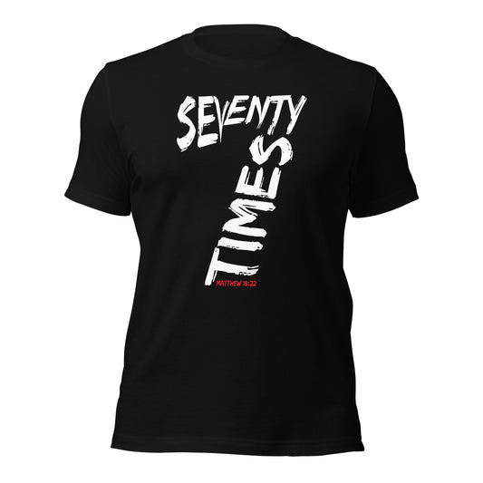 Seventy times seven; 70x7, forgiveness shirt - black with white and red letters