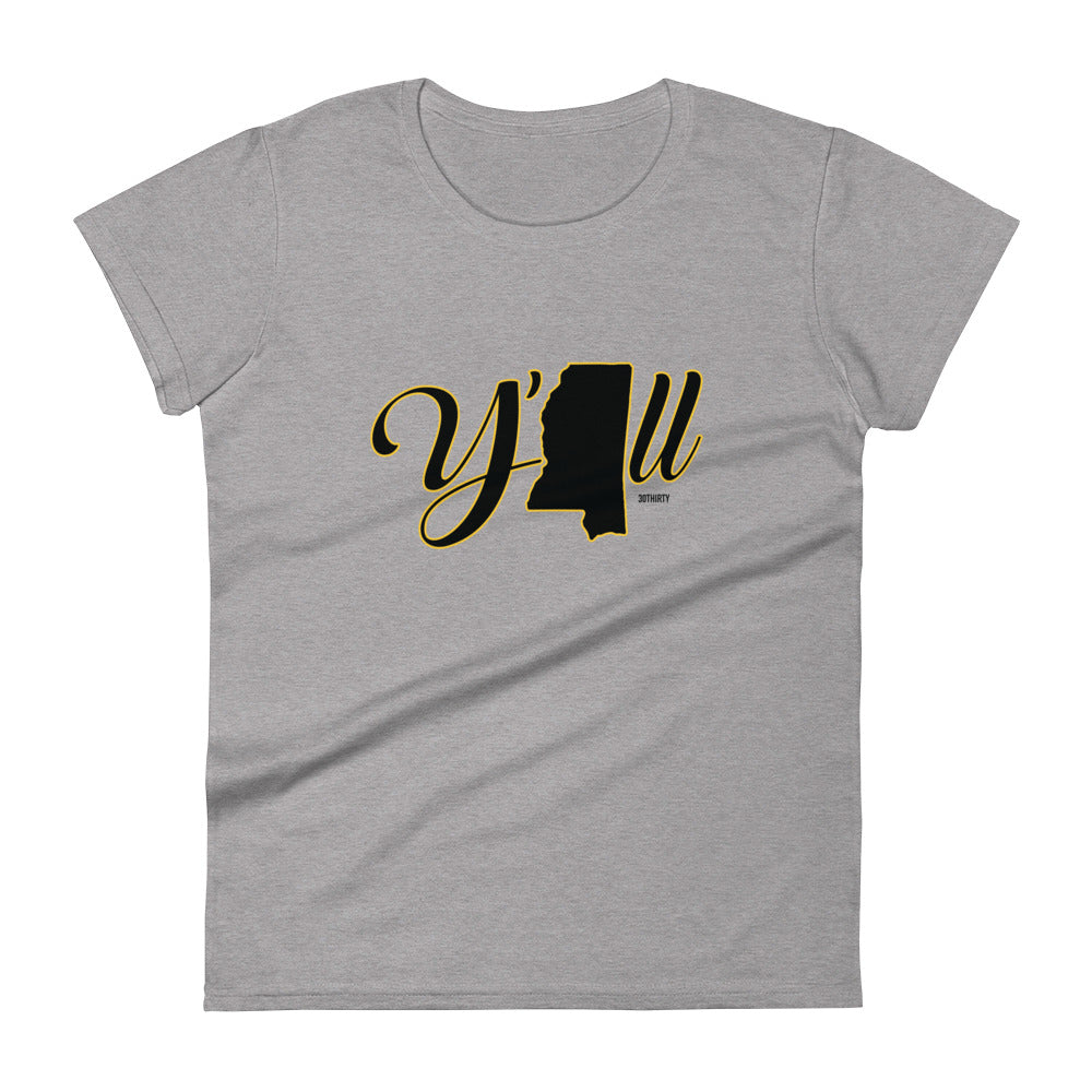 Women's Y'all Mississippi Shirt, Black outlined in Gold, Heather Grey Shirt